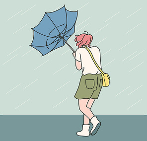 강한 비바람에 소녀의 우산이 뒤집어졌다. 귀여운 손그림 스타일 일러스트레이션.