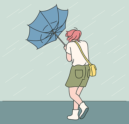 강한 비바람에 소녀의 우산이 뒤집어졌다. 귀여운 손그림 스타일 일러스트레이션.