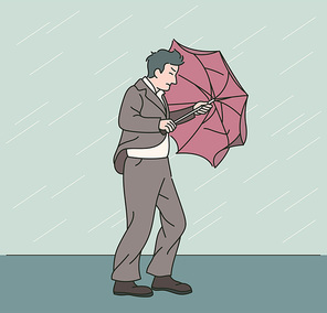 정장을 입은 남자가 강한 비바람에 우산을 들고 힘들게 걸어가고 있다. 귀여운 손그림 스타일 일러스트레이션.