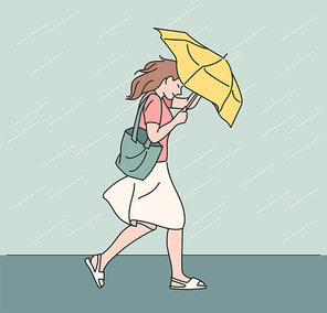 강한 비바람에 우산을 쓰고 힘겹게 걸어가는 여성 귀여운 손그림 스타일 일러스트레이션.