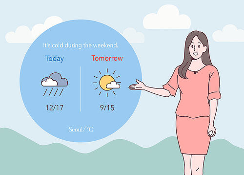 일기예보를 하고 있는 기상캐스터. 귀여운 손그림 스타일 일러스트레이션.