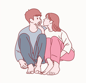 한 커플이 귀엽게 앉아 뽀뽀를 하려고 하고있다. 귀여운 손그림 스타일 일러스트레이션.