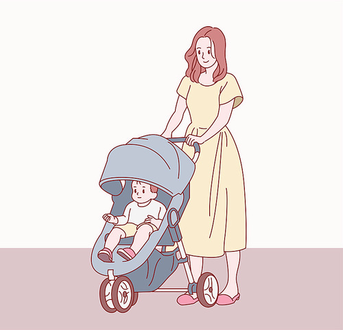 엄마가 아기 유모차를 끌며 산책하고 있다. 귀여운 손그림 스타일 일러스트레이션.