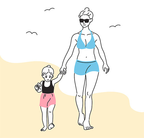 수영복을 입은 엄마와 딸이 손을잡고 해변을 걷고 있다. 귀여운 손그림 스타일 일러스트레이션.