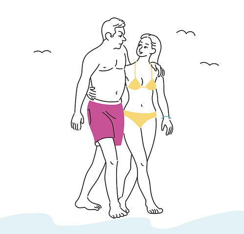 수영복을 입은 커플이 함께 해변을 걷고 있다. 귀여운 손그림 스타일 일러스트레이션.