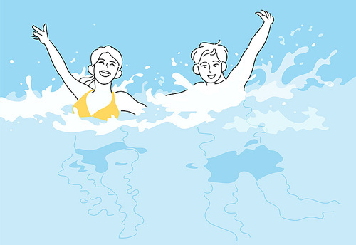 수영복을 입은 남자와 여자가 물속에서 손을 흔들고 있다. 귀여운 손그림 스타일 일러스트레이션.