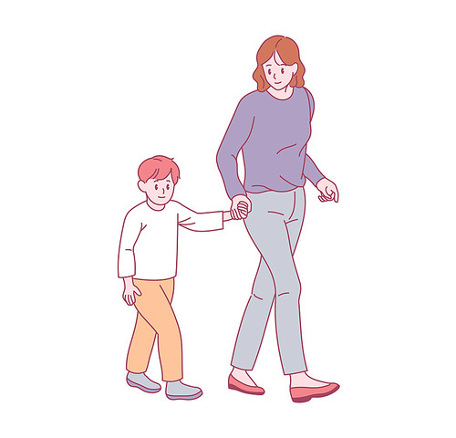 엄마와 아들이 손을 잡고 걸어가고 있다. 귀여운 손그림 스타일 일러스트레이션.