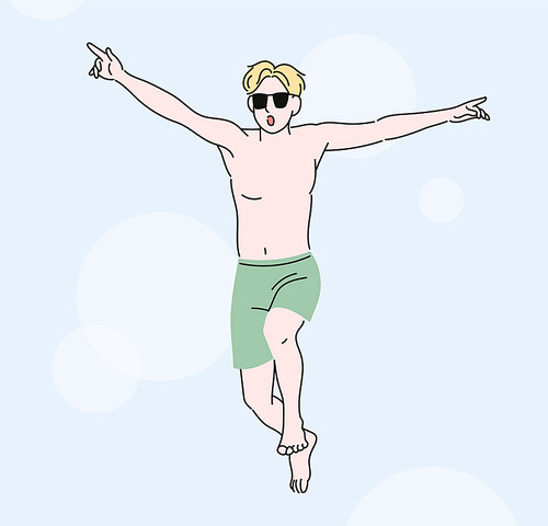 수영복을 입은 남자가 신나게 점프를 하고 있다. 귀여운 손그림 스타일 일러스트레이션.