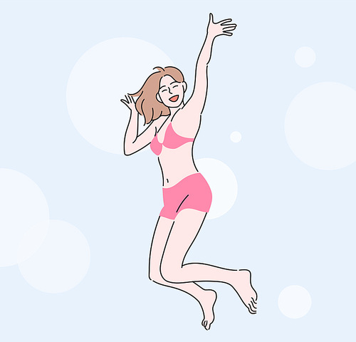수영복을 입은 여성이 신나게 점프를 하고 있다. 귀여운 손그림 스타일 일러스트레이션.