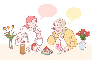 카페에서 딸기 디저트를 먹고 있는 소녀들. 귀여운 손그림 스타일 일러스트레이션.