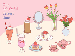 테이블위에 맛있는 딸기 디저트들. 귀여운 손그림 스타일 일러스트레이션.
