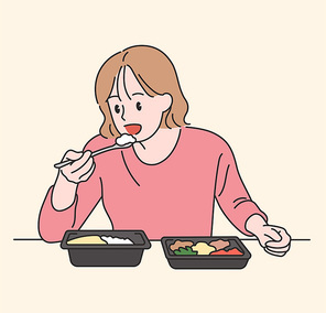 한 여성이 도시락을 먹고 있다. 귀여운 손그림 스타일 일러스트레이션.