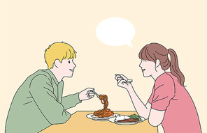 귀여운 커플이 함께 밥을 먹고 있다.  손그림 스타일 일러스트레이션.