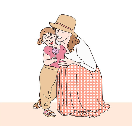 엄마와 아기가 서로 다정하게 기대고 있다. 손그림 스타일 일러스트레이션.