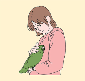 한 소녀가 손위에 앵무새를 올려놓고 있다. 손그림 스타일 일러스트레이션.