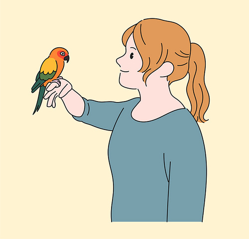 한 여성이 손위에 앵무새를 올려놓고 있다. 손그림 스타일 일러스트레이션.