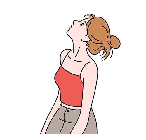 한 여성이 고개를 들어 위를 보고 있다. 손그림 스타일 일러스트레이션.