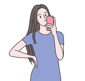 긴 머리의 여성이 휴대폰을 보고 있다. 손그림 스타일 일러스트레이션.