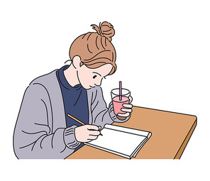 한 여성이 카페에서 공부를 하고 있다. 손그림 스타일 일러스트레이션.