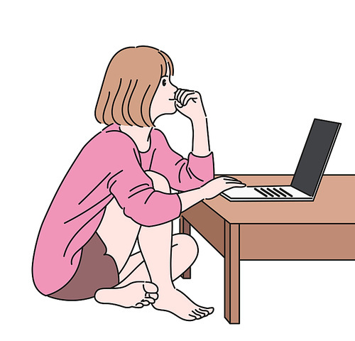 한 여성이 탁자위에 노트북을 올려놓고 보고 있다.  손그림 스타일 일러스트레이션.