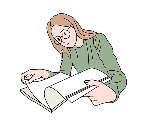 안경을 쓴 여성이 책을 읽고 있다. 손그림 스타일 일러스트레이션.