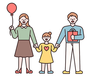 엄마, 아이, 아빠가 서로 손잡고 서있다.