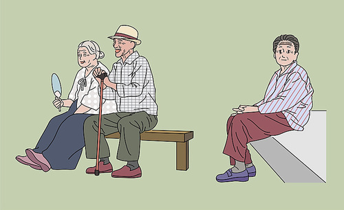 거리 벤치에 앉아 있는 노인들. 손그림 스타일 일러스트레이션.