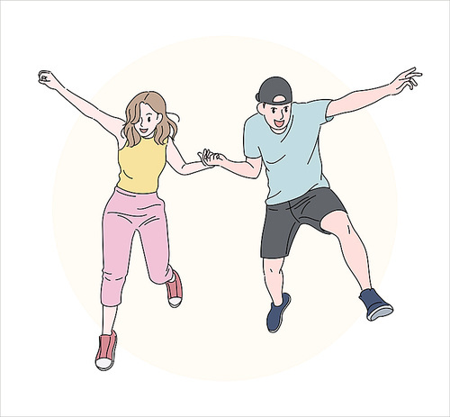 남자와 여자가 점프를 하고 있다. 손그림 스타일 일러스트레이션.