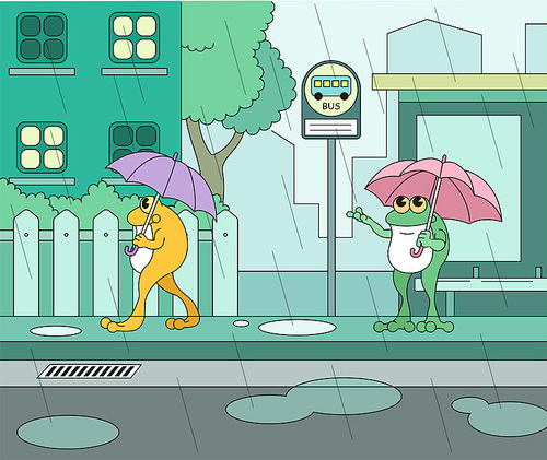 비오는날 우산을 쓰고 버스정류장에 서있는 개구리와 우산을 쓰고 지나가는 개구리. 손그림 스타일 일러스트레이션.