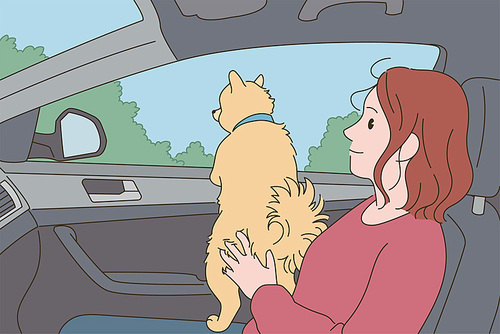 차안의 여자와개. 개가 창밖을 구경하고 있다. 손그림 스타일 일러스트레이션.
