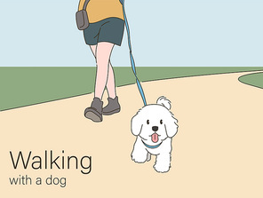 강아지와 산책하는 발과 귀여운 강아지 얼굴. 손그림 스타일 일러스트레이션.