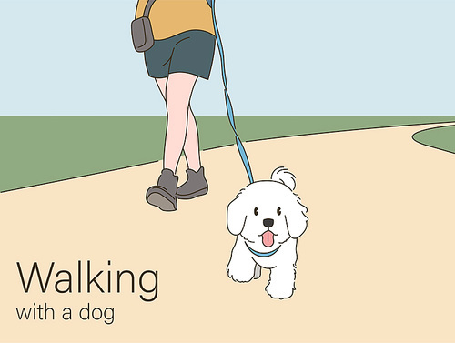 강아지와 산책하는 발과 귀여운 강아지 얼굴. 손그림 스타일 일러스트레이션.