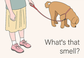 산책중 냄새를 맡고 있는 개. 손그림 스타일 일러스트레이션.