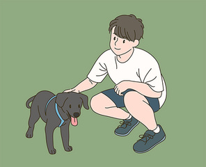 한 소년이 귀여운 강아지를 쓰다듬고 있다. 손그림 스타일 일러스트레이션.