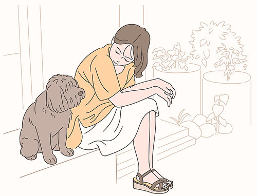 개와 함께 마당에 앉아 있는 소녀. 손그림 스타일 일러스트레이션.