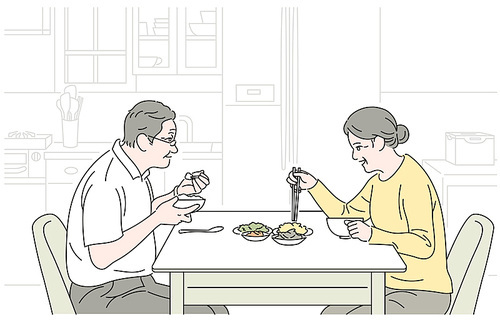 할아버지와 할머니가 식탁에 앉아 함께 식사를 하고 있다. 손그림 스타일 일러스트레이션.