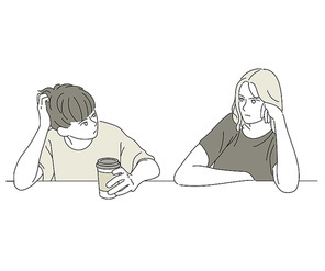 커플이 카페 테이블에 앉아 심각한 표정을 하고 있다. 손그림 스타일 일러스트레이션.