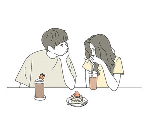 커플이 카페에 앉아 다정하게 음료를 마시고 있다. 손그림 스타일 일러스트레이션.