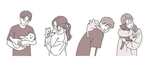 고양이를 안고 있는 사람들. 손그림 스타일 일러스트레이션.