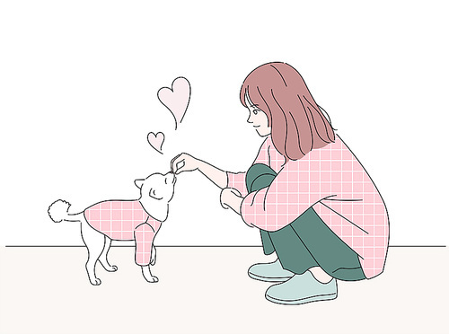 귀여운 개와 소녀. 손그림 스타일 일러스트레이션.