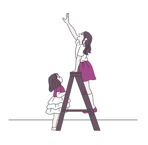 어린 자매가 사다리위에 올라서 있다. 손그림 스타일 일러스트레이션.