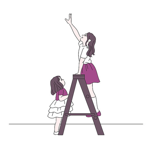 어린 자매가 사다리위에 올라서 있다. 손그림 스타일 일러스트레이션.