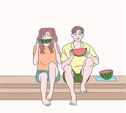 여름철 커플이 함께 수박을 먹고 있다. 손그림 스타일 일러스트레이션.