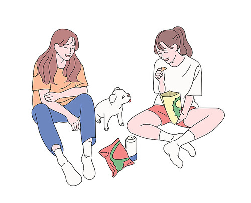 두 소녀가 과자를 먹으며 강아지를 보고 웃고 있다. 손그림 스타일 일러스트레이션.