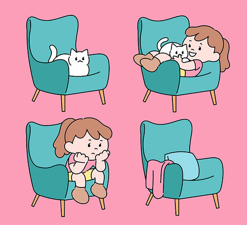 한 소녀와 고양이가 소파에 앉아 있다. 손그림 스타일 일러스트레이션.