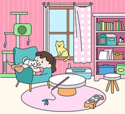 고양이와 함께 살고 있는 소녀의 방. 손그림 스타일 일러스트레이션.
