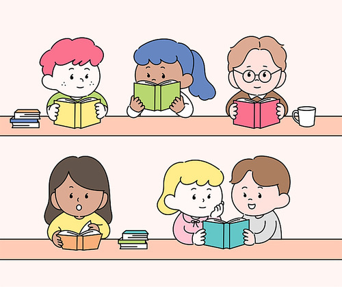 귀여운 아이들이 함께 책을 읽고 있다. 손그림 스타일 일러스트레이션.