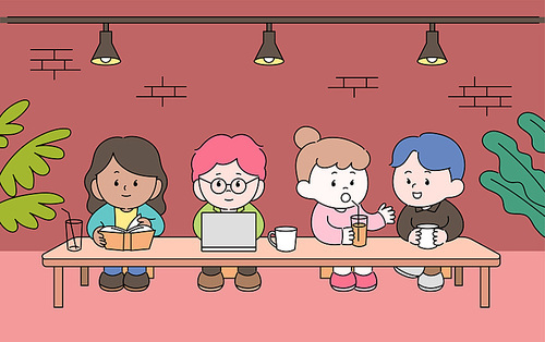 귀여운 캐릭터들이 카페 테이블에서 책을 읽거나 노트북을 보고 수다를 떨고 있다. 손그림 스타일 일러스트레이션.