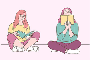 두 여성이 바닥에 앉아 책을 읽고 있다. 손그림 스타일 일러스트레이션.
