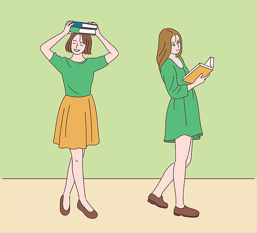 두 여성이 책을 들고 서있다. 손그림 스타일 일러스트레이션.